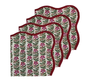 Handmade Scalloped Holiday Floral Napkins with Red Trim - Set of 4