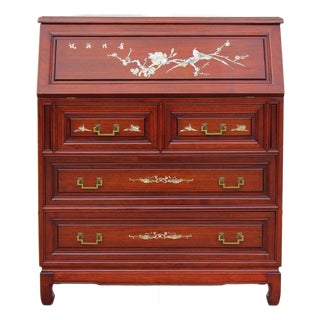 Asian Rosewood Secretary Desk With Mother-of-Pearl Inlay, Bird & Blossom Motif, Slant Front Writing Desk For Sale