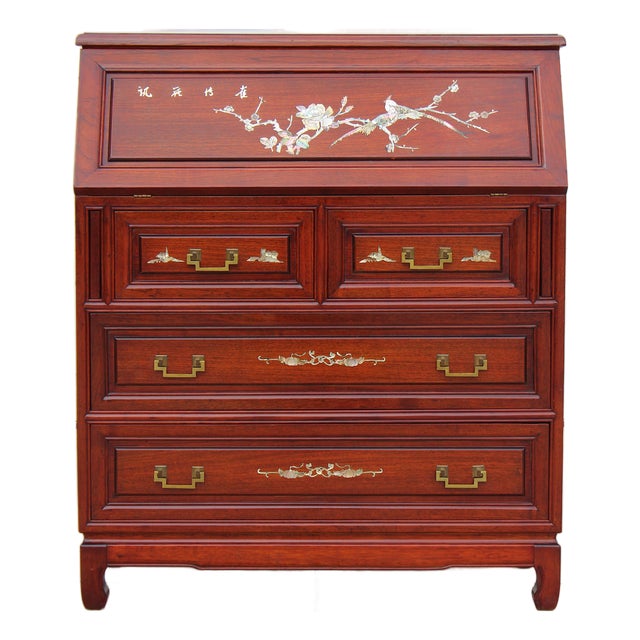 Asian Rosewood Secretary Desk With Mother-of-Pearl Inlay, Bird & Blossom Motif, Slant Front Writing Desk For Sale