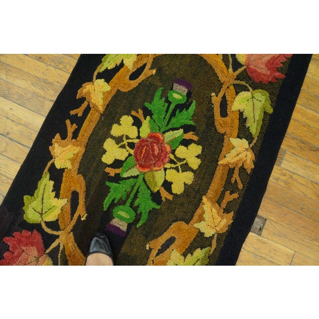 American 1930s Brown Floral Medallion Folk Art Antique American Hooked Rug 2'6" X 4'3" Wool Carpet For Sale - Image 3 of 5