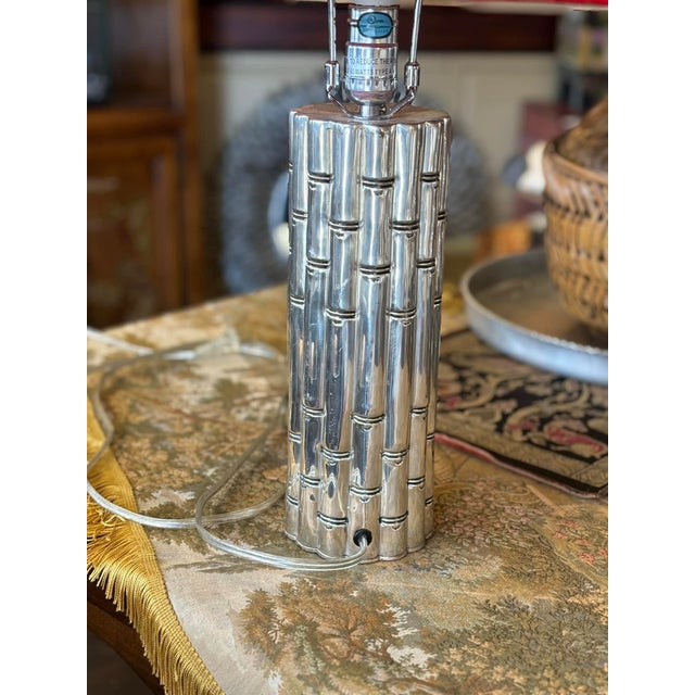 1960s Chrome Faux Bamboo Hollywood Regency Style Table Lamps With Red Shades - a Pair For Sale - Image 10 of 15