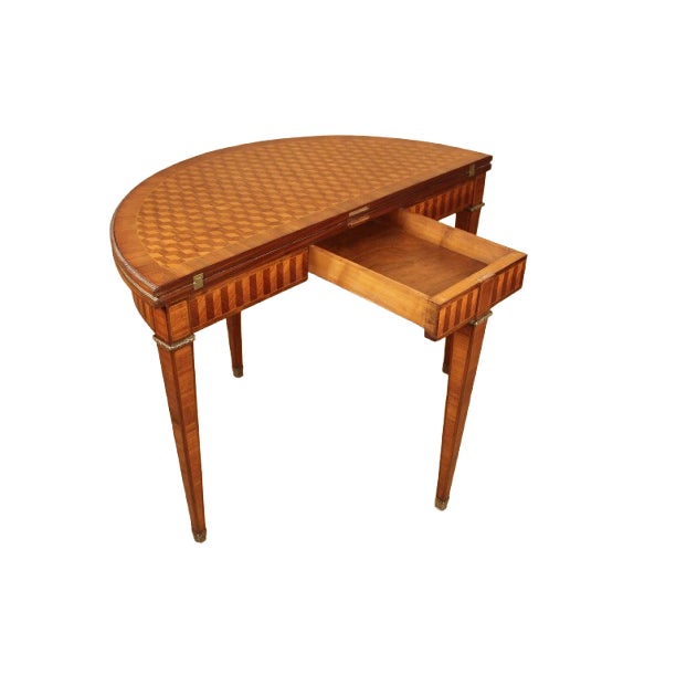 French Louis XIV Style Fold-Over Demilune Table With Bronze Mounts For Sale - Image 3 of 6