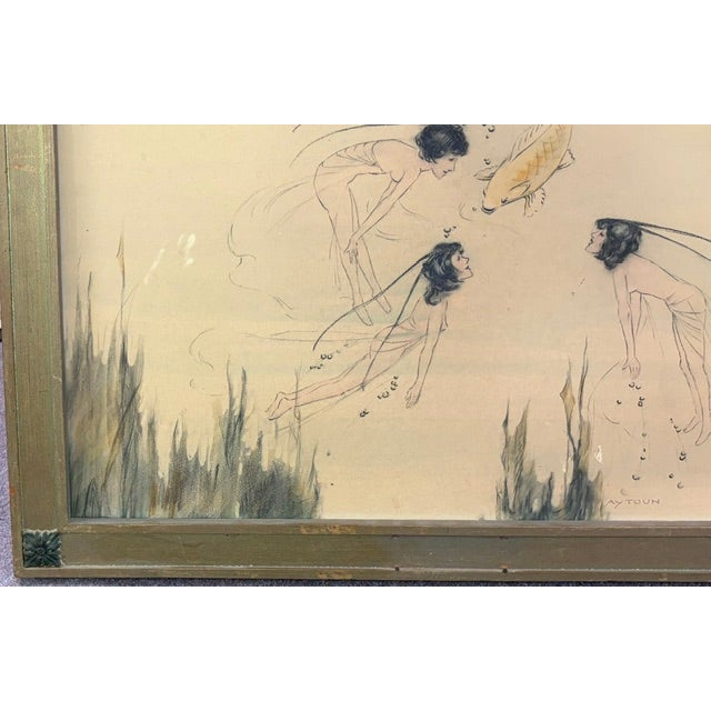 Illustration Early Framed Illustration - Stylized Fairy Figures Swimming With a Koi Fish, Signed For Sale - Image 3 of 9