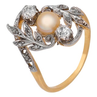 19th Century Victorian Pearl Old European Cut Diamond 18k Yellow Gold Ring, Size 4.5 For Sale