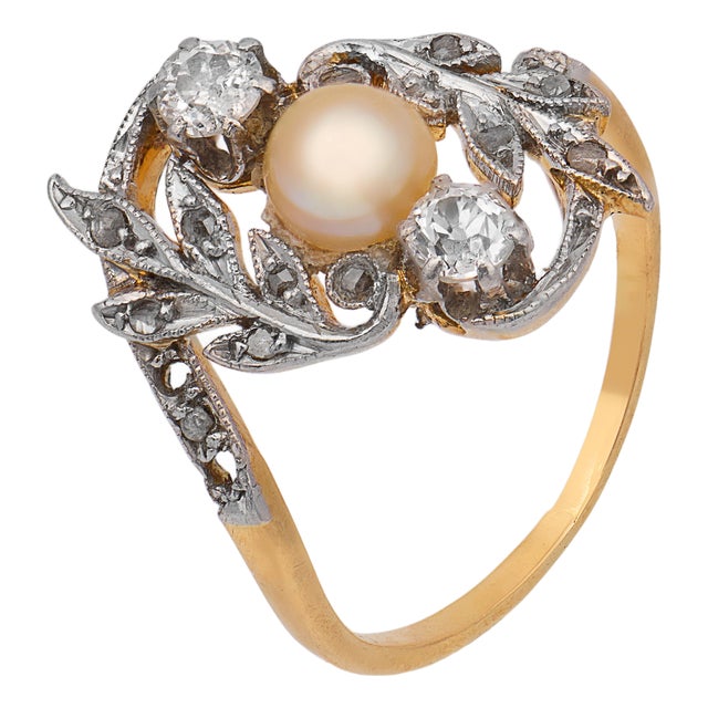 19th Century Victorian Pearl Old European Cut Diamond 18k Yellow Gold Ring, Size 4.5 For Sale