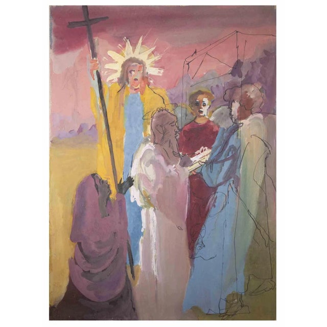 Christ talk is a Drawing on paper realized by Gustave Bourgogne in the Mid-20th Century. Ink and watercolor on paper. Good...