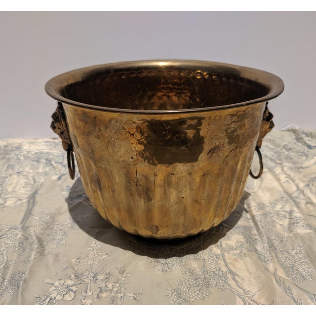 Vintage Hammered Brass Cachepot Jardiniere With Lion Head Ring Pulls For Sale - Image 4 of 11