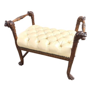 1970s English Carved Dog Face Mahogany Wood Leather Bench For Sale