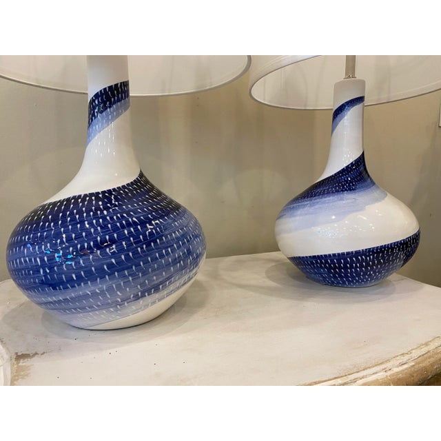 Contemporary Blue and White Ceramic Lamps- a Pair For Sale - Image 3 of 10