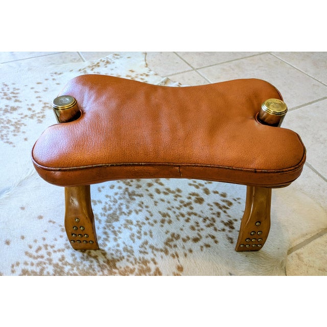 1950s Vintage Mid-Century Egyptian Camel Saddle Stool - Leather & Wood Ottoman For Sale - Image 5 of 6