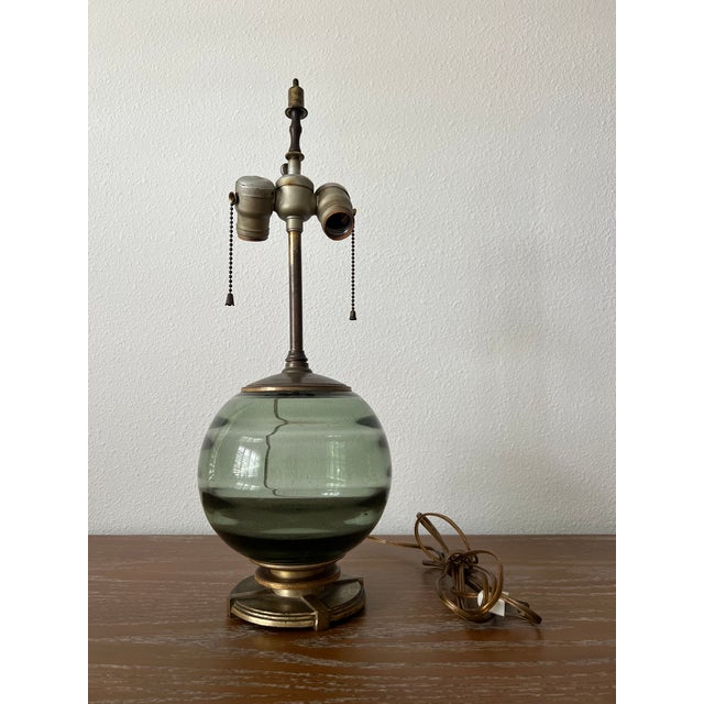 Slate Gray Petite 1930s Art Deco Smoke Blue-Green-Grey Art Glass Table Lamp With Patinated Metal Base For Sale - Image 8 of 11