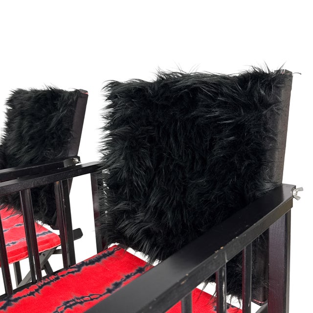 Vintage 1980s Pair of (2) Danish Folding Armchairs / Directors Chairs Set by Hyllinge Møbler - Red Flame Velvet & Black Faux Fur Upholstery For Sale - Image 10 of 18
