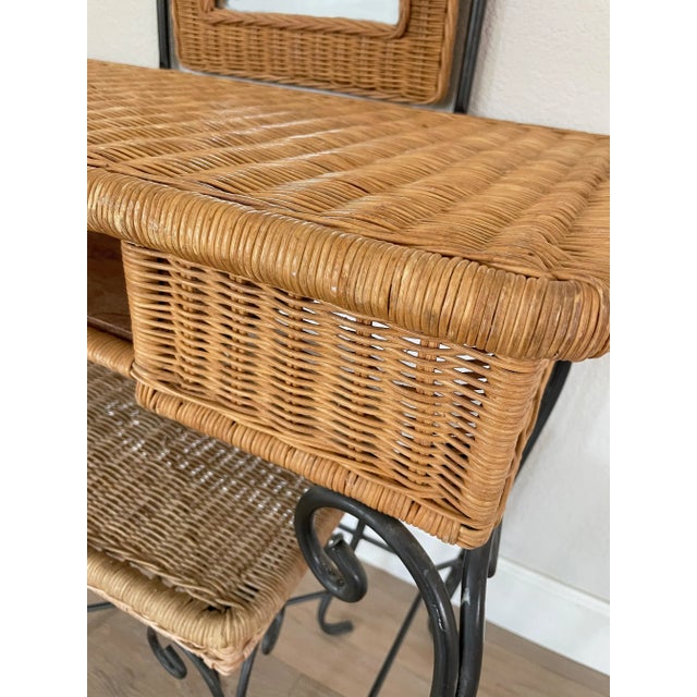 Mid 20th Century Boho 1960's Rattan & Wrought Iron Vanity With Mirror & Bench - Set of 3 For Sale - Image 5 of 12
