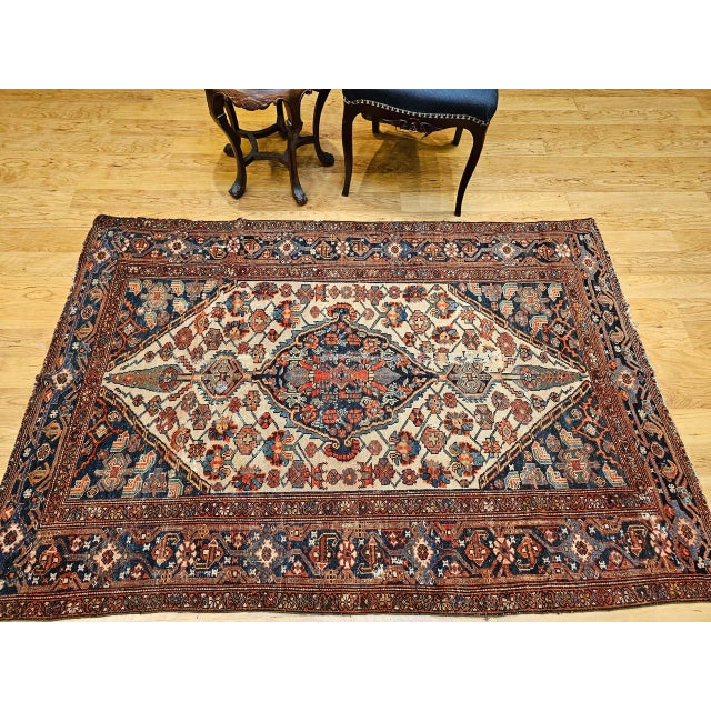 Textile Antique Persian Malayer Rug, Hand-Knotted Wool, Geometric Pattern, 4x6, Ivory & Navy For Sale - Image 7 of 18