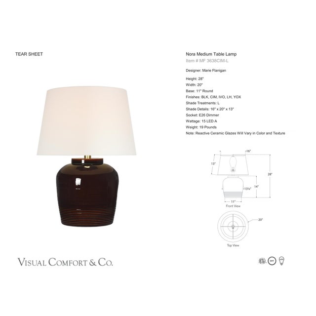 Marie Flanigan by Visual Comfort Signature Nora Medium Table Lamp in Cimmaron with Linen Shade Designer: Marie Flanigan...