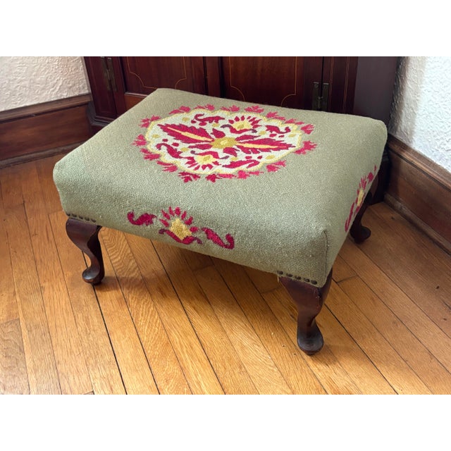 Victorian Antique Embroidered Needlepoint Ottoman or Footstool For Sale - Image 3 of 10