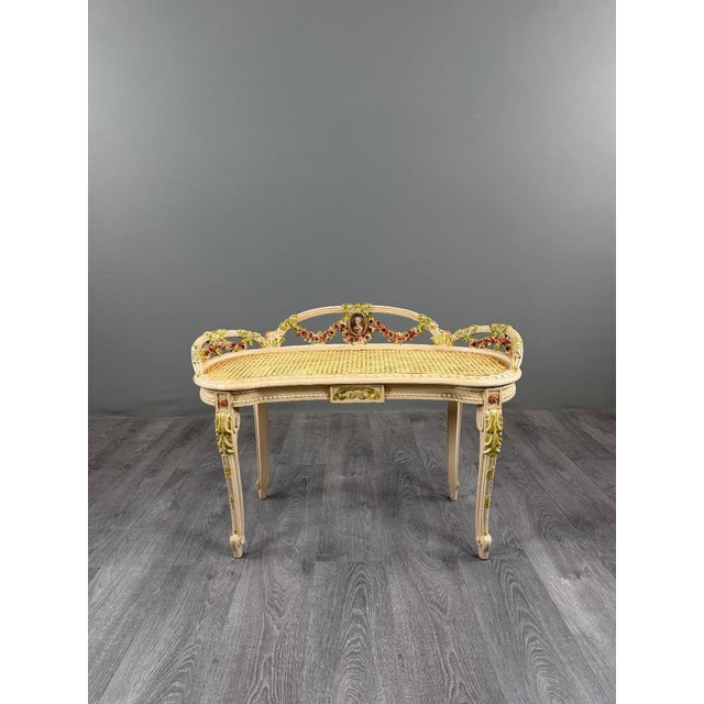 19th Century Louis XV Bench in Painted Wood and Caning For Sale - Image 4 of 13