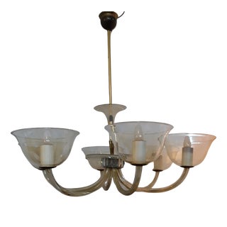 Large Mid-Century Chandelier with Mouth-Blown Glass Bowls, Candle Spouts & 6 Bent Glass Arms, 1950s For Sale