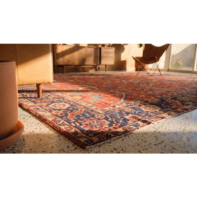 Eye-Catching Red-Raspberry Background Color With Traditional Serapi Style Antique Persian Rug For Sale - Image 10 of 12