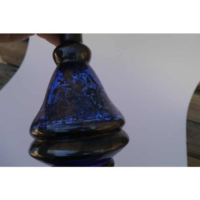 Glass Vintage Mid Century Cobalt Blue Silver Overlay Painted Decanter Set- 4 Pieces For Sale - Image 7 of 13