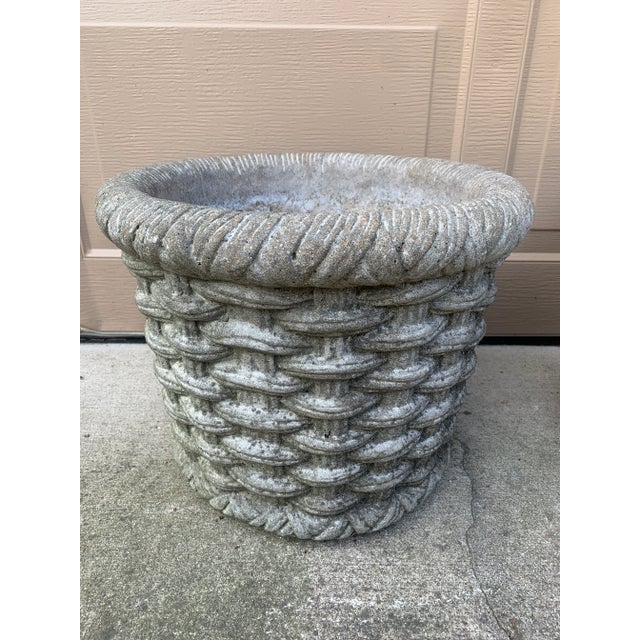 Sculpture Materials Pair of Vintage French Country Basketweave Cast Concrete Garden Planters For Sale - Image 7 of 8