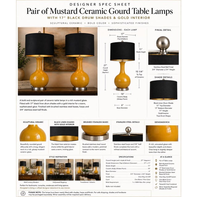 Pair of Mustard Ceramic Gourd Table Lamps with Black & Gold Drum Shades Description A dramatic pair of sculptural ceramic...