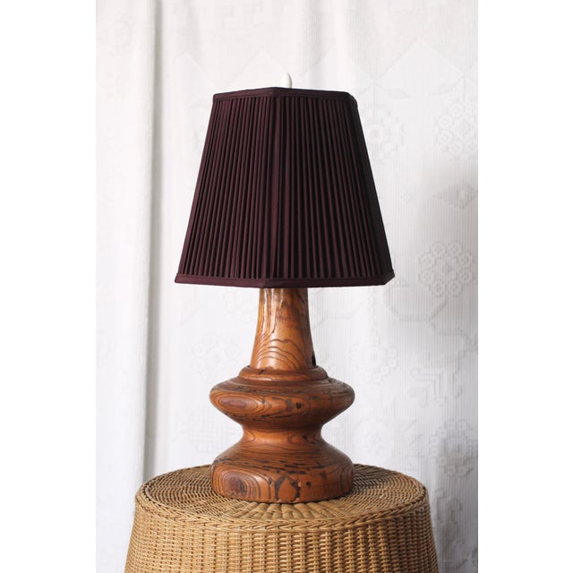 1970s Handmade Wooden Lamp With Brown Pleated Shade For Sale - Image 11 of 11