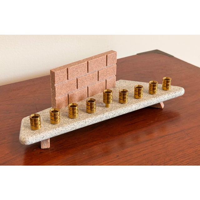 Vintage Stone and Brass Hanukkah Menorah With Western Wall Design For Sale - Image 4 of 6