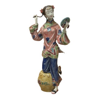 Chinese Porcelain Qing Style Dressing Holding Mirror Lady Figure For Sale