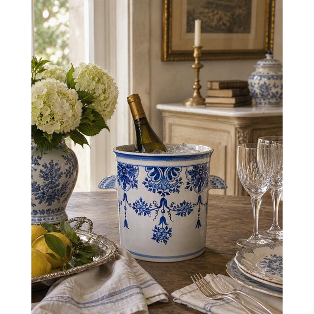A handsome late-20th-century Italian porcelain ice bucket, hand painted in deep cobalt blue against a warm white ground....