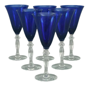 1930s Morgantown Tall Cobalt & Clear Stemmed Water or Wine Glasses- Set of 6