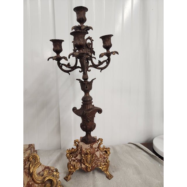Fabulous French Bronze Trio Antique Clock and 2 Candelabras For Sale In Seattle - Image 6 of 10