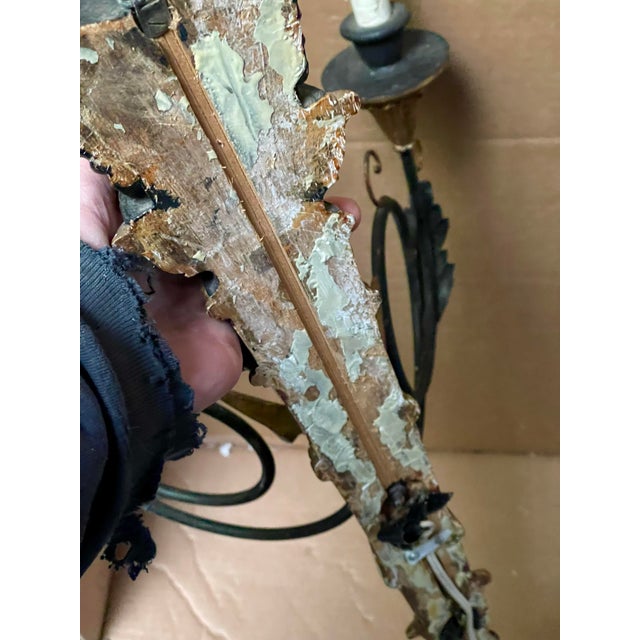 Pair Neoclassic Italian Carved Wood Iron Black Gold Painted Arrow Wall Sconces For Sale - Image 4 of 12