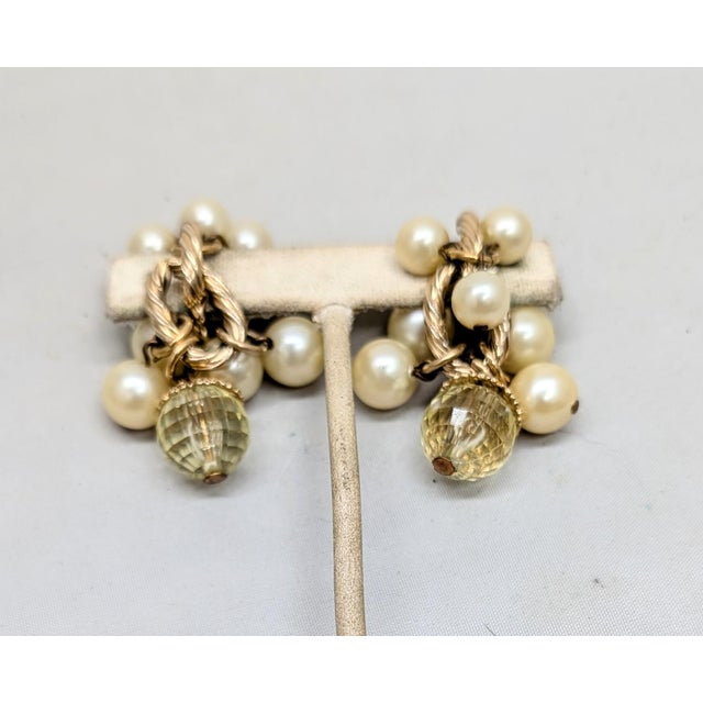 Napier Vintage 1960s Signed Napier Faux-Citrine & Pearl Drops Clip Earrings-2 Pieces For Sale - Image 4 of 8
