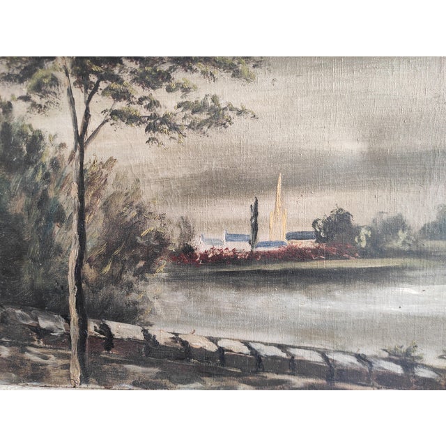 The painting is in very good condition, except that the canvas has a small dent, not easily noticeable, in the sky. The...