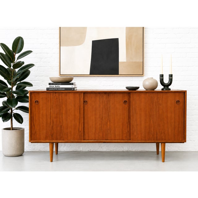 Brown Long Mid Century Modern Teak Credenza | Danish Sliding Door Sideboard, C. 1960's For Sale - Image 8 of 13