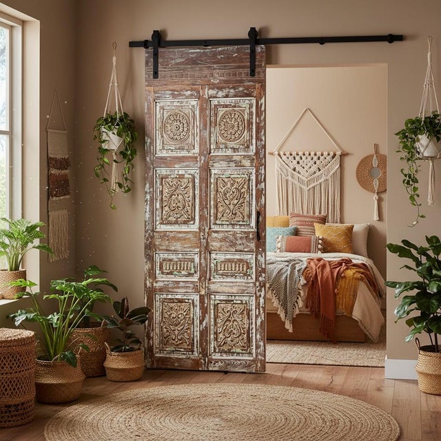 Vintage Carved Barn Door | Rustic Distressed Statement Piece 80x35 For Sale - Image 10 of 10