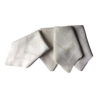 Exquisite French Trousseau Damask Napkins - Set of 4 With Elaborate Hand-Sewn Monogram For Sale