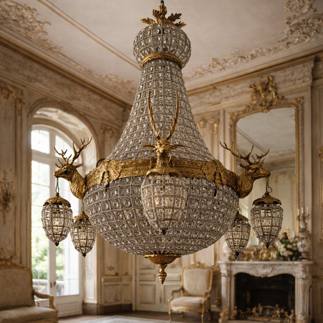 Metal Mid-20thC French Louis XVI Gilt Bronze Deer Chandelier For Sale - Image 7 of 9