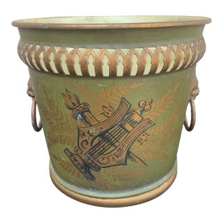 French Green & Gold Tole Cachepot With Lion Head Handles and Pierced Gallery Rim For Sale