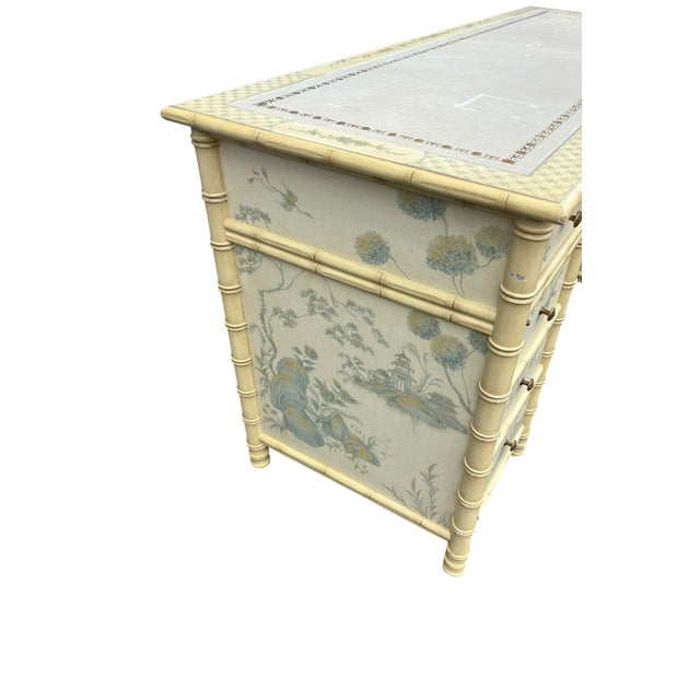 Cream Faux Bamboo Hand Painted Blue and Creme Chinoiserie Desk For Sale - Image 8 of 12