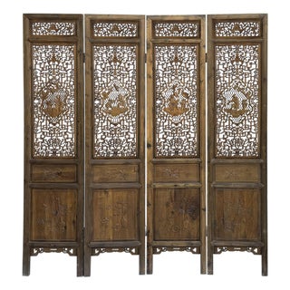 Vintage Finish Openwork Figural 4 Panels Wood Floor Screen Room Divider For Sale