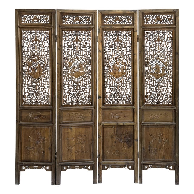 Vintage Finish Openwork Figural 4 Panels Wood Floor Screen Room Divider For Sale