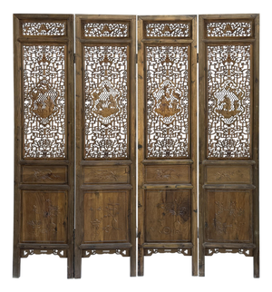 Vintage Finish Openwork Figural 4 Panels Wood Floor Screen Room Divider