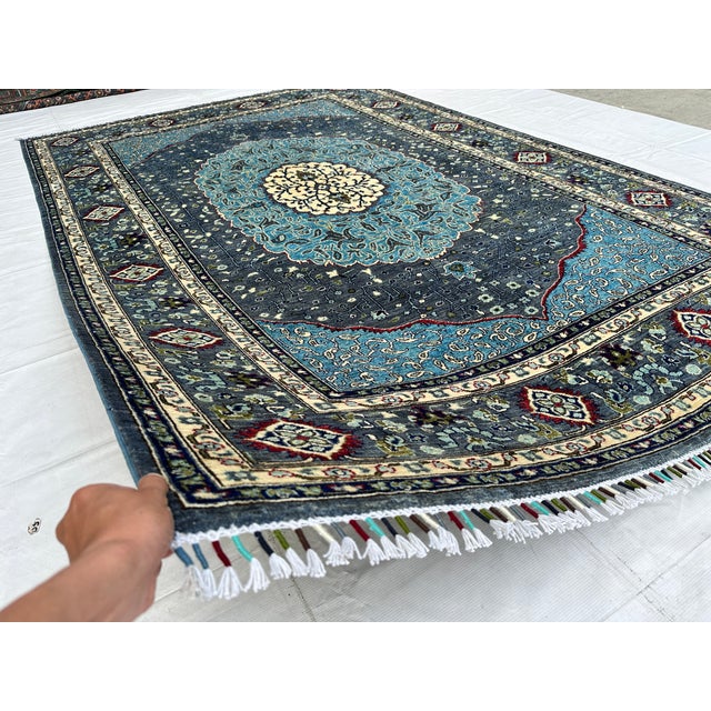 2000 - 2009 Charcoal Blue Persian Tabriz Medallion Hand-Knotted Wool Rug - 6'6" X 9'9 For Sale - Image 5 of 13