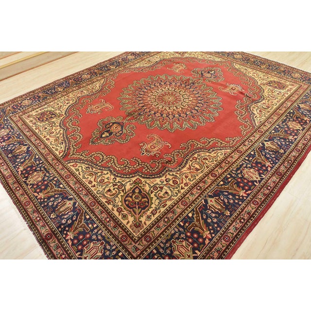 Farmhouse Tabriz Rug 10’2” X 12’6” Red Wool Vintage Traditional Hand-Knotted Carpet For Sale - Image 3 of 15