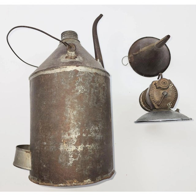Carbide Coal Miners Lamp With Coal Oil Can and Tin Funnel by Justrite Areamlined For Sale - Image 9 of 9