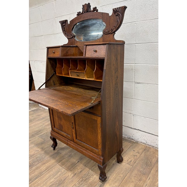 Brown Antique Victorian Oak Secretary Desk For Sale - Image 8 of 15