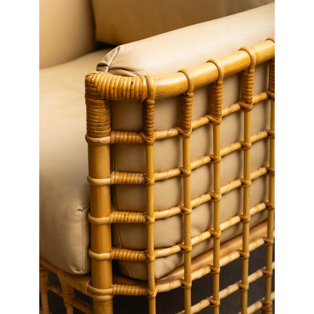 Rattan & Leather Chair With Ottoman Attributed to Henry Olko For Sale - Image 12 of 17