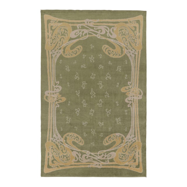 Rug & Kilim's Guimard Art Nouveau Inspired Rug, Green With Elegant Floral Frame For Sale